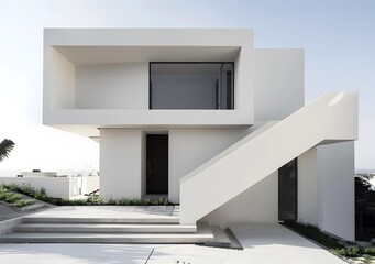 Modern Minimalist White House Exterior With Large Windows and Stairs