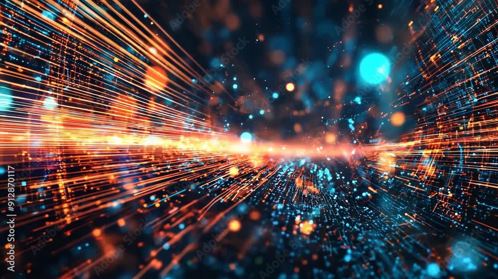 Poster Futuristic light trails abstract background. Dynamic digital animation. High-speed data transmission concept. Sci-fi visualization. Future technology