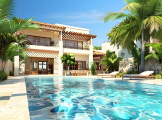 Obraz premium Tropical Villa with Swimming Pool and Palm Trees