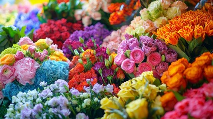 Blooming Beauty: Captivating Photography of a Lively Flower Market Overflowing with Colorful Bouquets.