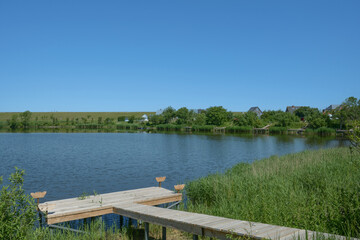 Pond in Spa area of Norderhafen on Nordstrand Peninsula,North Sea,North Frisia,Schleswig-Holstein,Germany