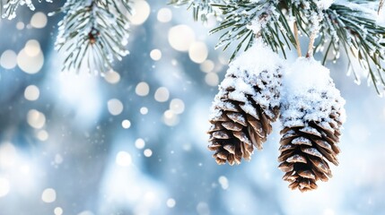 Pine cones covered in snow, hanging from a branch, providing a detailed winter scene with copy space.