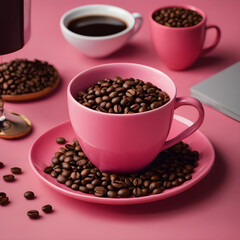 Coffee and Beans with pink Background