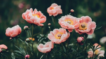 Pink peonies in a garden setting, with the flowers in various stages of bloom, creating a picturesque scene