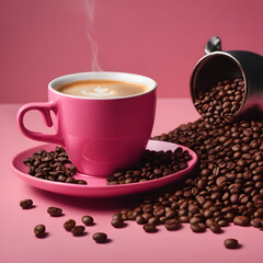 Coffee and Beans with pink Background