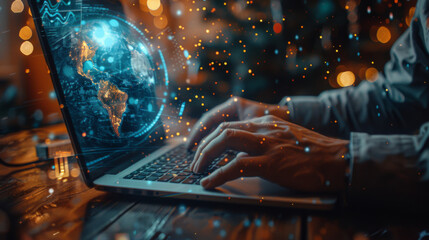 businessman is typing on laptop with world on digital screen, in the style of robotic motifs