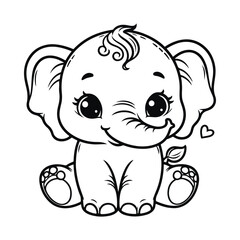 Cute baby elephant drawn with a line. Coloring book.