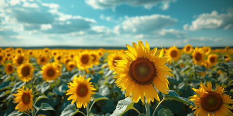 Obraz premium field of yellow sunflowers, blue sky, Ukraine, banner copy space. Day of National Flag, Unity, Constitution, Ukrainian Statehood, Independence, Defenders Defendresses, Armed Forces