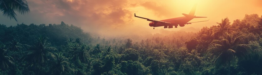 Fototapeta premium A plane is flying over a tropical forest