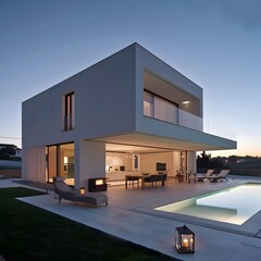 Modern White House with Swimming Pool and Large Patio at Dusk