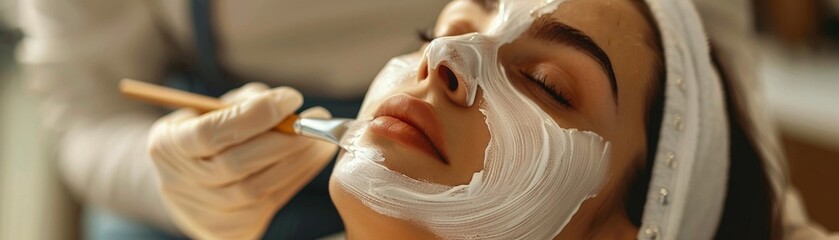 Woman enjoying a rejuvenating facial treatment at a spa, relaxing with soothing cream applied on her face.
