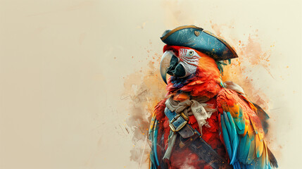 A colorful parrot dressed as a pirate, complete with a tricorn hat and a tattered outfit, stands against a beige background, exuding an adventurous and whimsical charm.