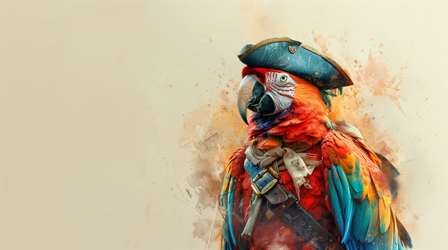 A colorful parrot dressed as a pirate, complete with a tricorn hat and a tattered outfit, stands against a beige background, exuding an adventurous and whimsical charm.
