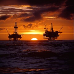 Obraz premium 3. Oil rig silhouettes against a glowing sunset with rising prices graph, [oil market], [energy boom]