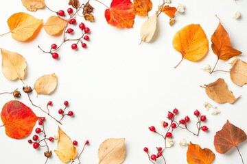 Autumnal Leaf and Berry Frame on White Background