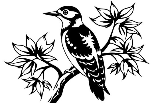 black and white woodpecker perched on branch clip art preview