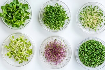 Fresh Assorted Microgreens in Bowls on White Background Top View