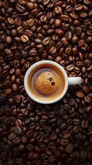 Fototapeta premium A white coffee cup is sitting on top of a pile of coffee beans
