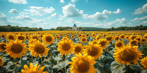 Obraz premium field of yellow sunflowers, blue sky, Ukraine, banner copy space. Day of National Flag, Unity, Constitution, Ukrainian Statehood, Independence, Defenders Defendresses, Armed Forces