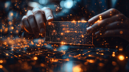 Hands manipulate a glowing digital tablet amidst a cascade of golden sparks, illustrating the dynamic interaction between technology and data visualization in a visually captivating setting.