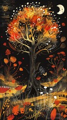 Fototapeta premium Golden Tree Night Sky Illustration
