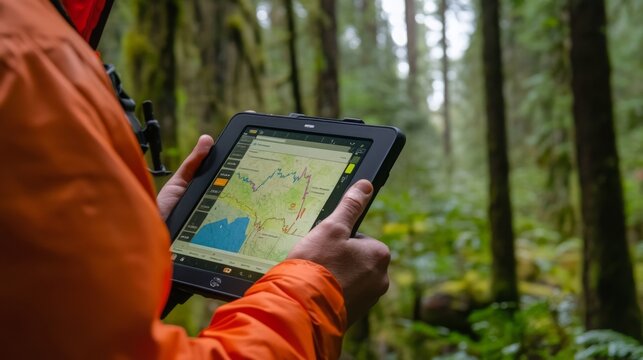 A person in an orange jacket studies terrain data on a tablet while surrounded by dense green trees in a forest.