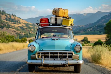 A vintage blue car loaded with luggage drives down a scenic country road.  The car is heading toward a mountainous landscape.