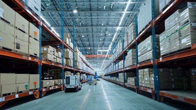Background of large spacious warehouse with many boxes. Concept of storage of goods, things, sales and delivery. Camera move big empty nobody no people stock. Storehouse with packages.