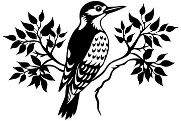 woodpecker in tree wood black and white illustration