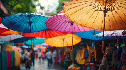 A Captivating Street Market Scene with a Vibrant Atmosphere and Colorful Umbrellas.