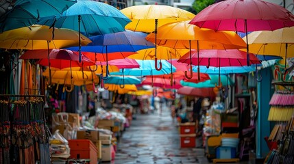 Naklejka premium Captivating Street Market Scene with Colorful Umbrellas and Vibrant Atmosphere.