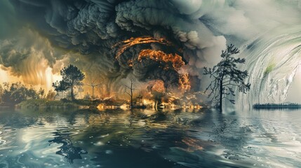 8. Digital collage of extreme weather events like hurricanes, wildfires, and floods, all linked to global warming