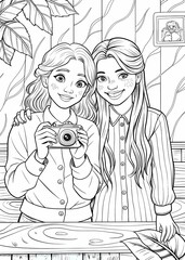 Two friends taking a photo together coloring page