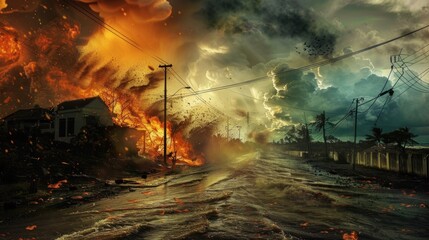 8. Digital collage of extreme weather events like hurricanes, wildfires, and floods, all linked to global warming