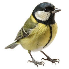 Naklejka premium A great tit (Parus major) perched on a branch, showcasing its vibrant yellow breast and black head. Perfect for nature guides, ornithology publications, or educational materials. (Transparent PNG back