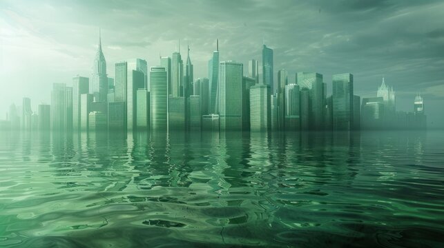 14. Digital art of a futuristic city submerged in water due to rising sea levels, depicting a worst-case scenario of global warming