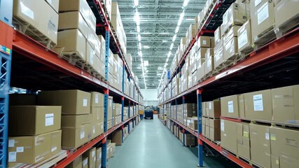 Background of large spacious warehouse with many boxes. Concept of storage of goods, things, sales and delivery. Camera move big empty nobody no people stock. Storehouse with packages.
