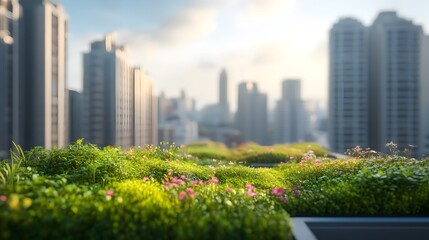 Fototapeta premium Vibrant Rooftop Green Oasis Amidst Gleaming Urban Skyline