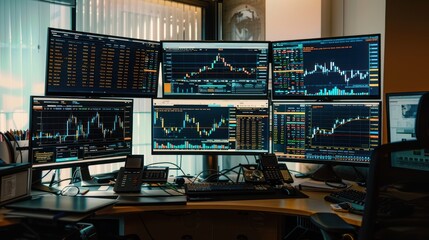 3. High-tech trader desk with multiple screens showing stock charts, Bitcoin prices, and trading analytics