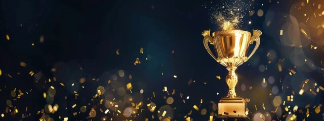 global competition winner, trophy on dark background with copy space banner design Gold award cup of success and achievement in business or sports for winning team with gold confetti Generative AI