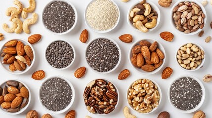 A vibrant assortment of nuts, seeds, and grains displayed in bowls, perfect for healthy eating and culinary inspiration.