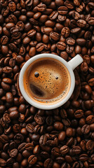 Obraz premium A white coffee cup is sitting on top of a pile of coffee beans