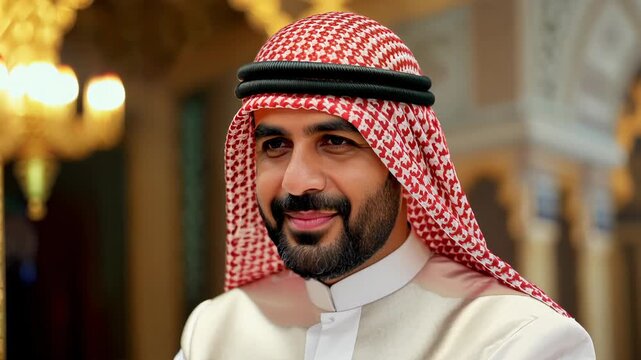 portrait of a man in traditional Arab clothing with a sheikh's headdress, smiling.
Concept: Middle Eastern culture, traditions