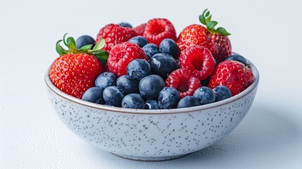 A vibrant bowl of fresh strawberries, raspberries, and blueberries, showcasing nature's colorful bounty.