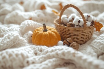Obraz premium Autumnal Still Life with Pumpkin, Cotton Balls, and Walnuts in a Wicker Basket