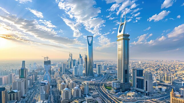 Fototapeta Riyadh's Golden Hour: A panoramic vista of Saudi Arabia's capital city, bathed in the warm glow of sunset, showcasing its iconic skyline and modern architectural marvels.