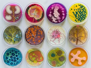 13. Petri dishes with various bacterial cultures, showcasing the diversity of microorganisms studied in microbiology