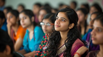 Fototapeta premium Young woman in a classroom, listening intently