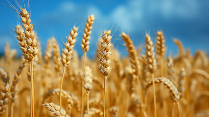 Fototapeta premium field of yellow wheat, blue sky, Ukraine, banner copy space. Day of National Flag, Unity, Constitution, Ukrainian Statehood, Independence, Defenders Defendresses, Armed Forces