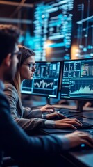 High-Tech Office Team Analyzing Data on Multiple Screens